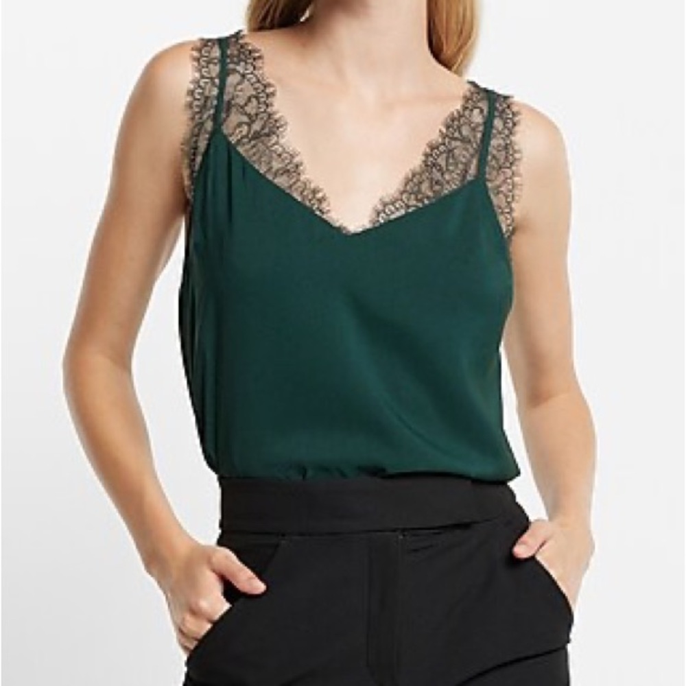 Express Satin Green Sleeveless Lace Strap Camisole V-Neck Tank Top